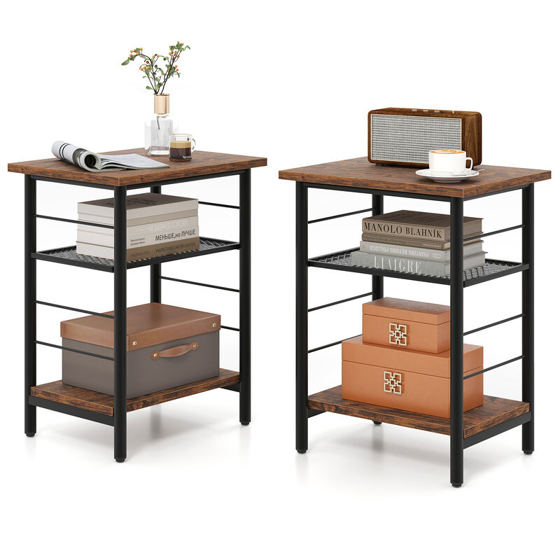 Set of 2 Industrial End Tables with 3 Tiers and Open Storage Shelving