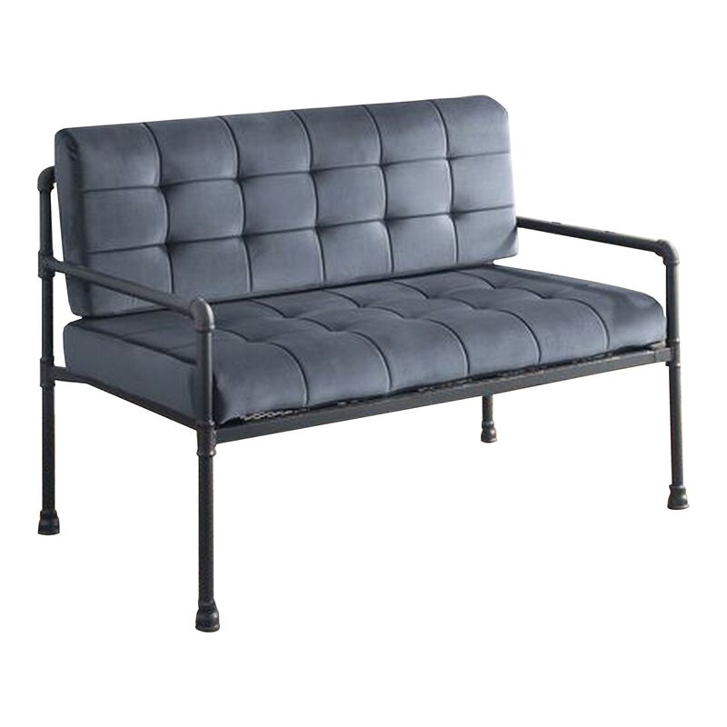 Loveseat with Tufted Velvet Seat and Metal Frame, Gray-Benzara