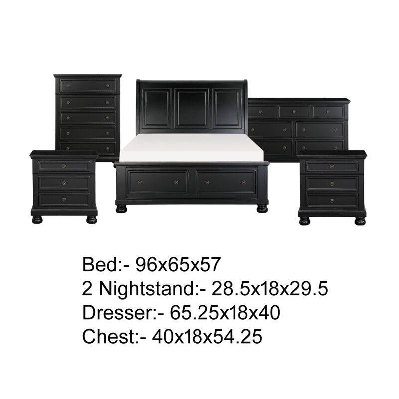 Queen Size Bedroom Set, Black Finish, Panel Headboard, 5-Piece Set with Bed, 2 Nightstands, Dresser and Chest image number 7