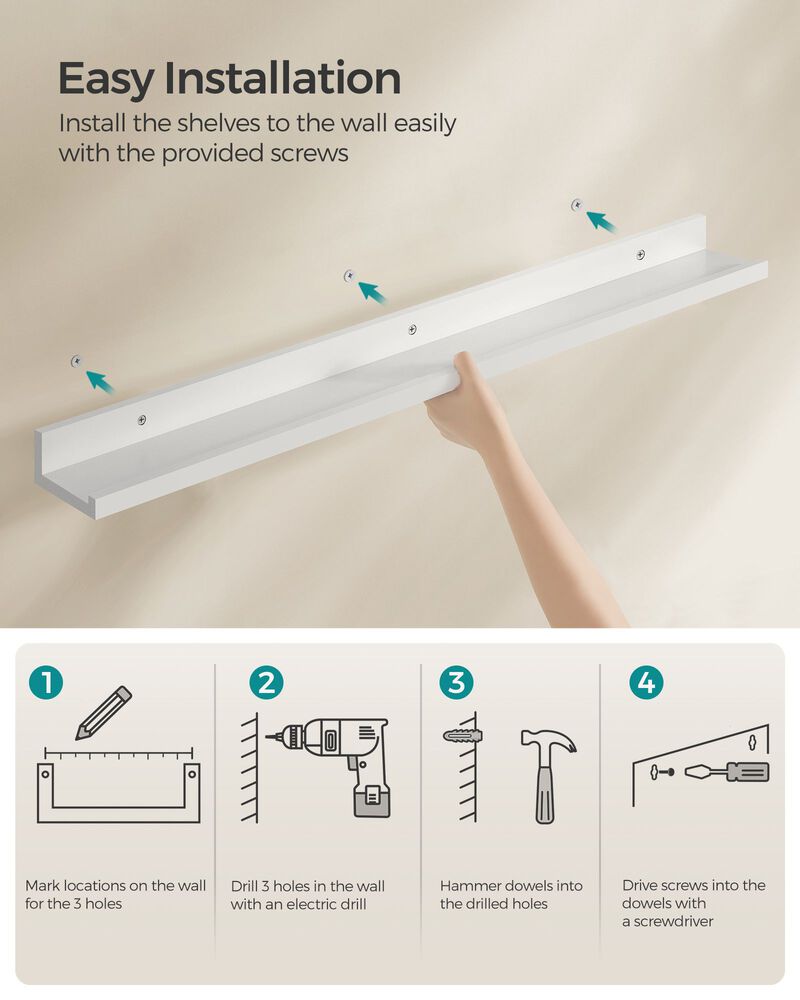 3-Piece Set Floating Wall Shelves - Long Picture Shelving Ledge in White MDF