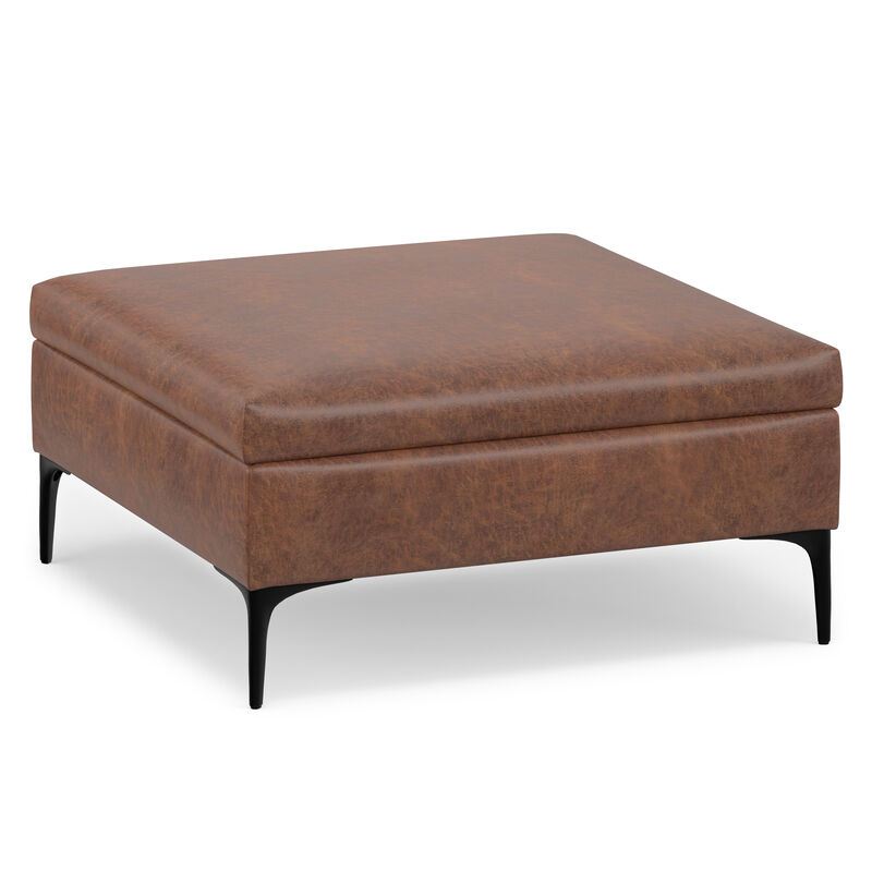 Rebecca 36 inch Wide Contemporary Square Mid&nbsp;Century Coffee Table&nbsp;Storage Ottoman with Lift Up Lid in Distressed Saddle Brown Vegan Faux Leather, Assembled image number 0