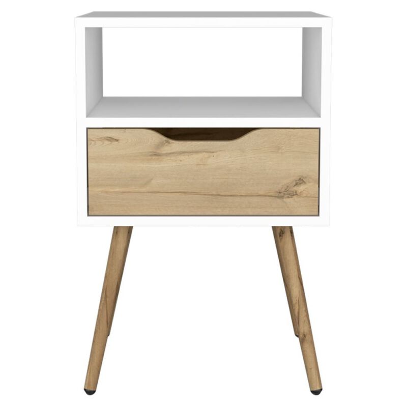 Streamdale Otom Nightstand: White Light Oak, Drawer, Open Shelf