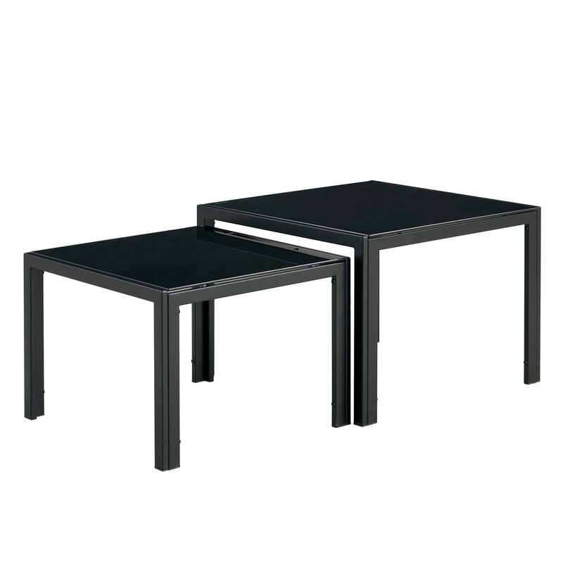 Nesting Coffee Table Set of 2, Square Modern Stacking Table with Tempered Glass Finish for Living Room,Black