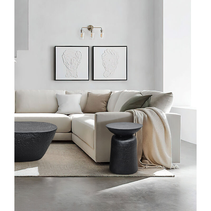 Josi 21 Inch Round Side End Table, Handcrafted Hammered Design, Drum Pedestal Aluminum Base, Matte Black