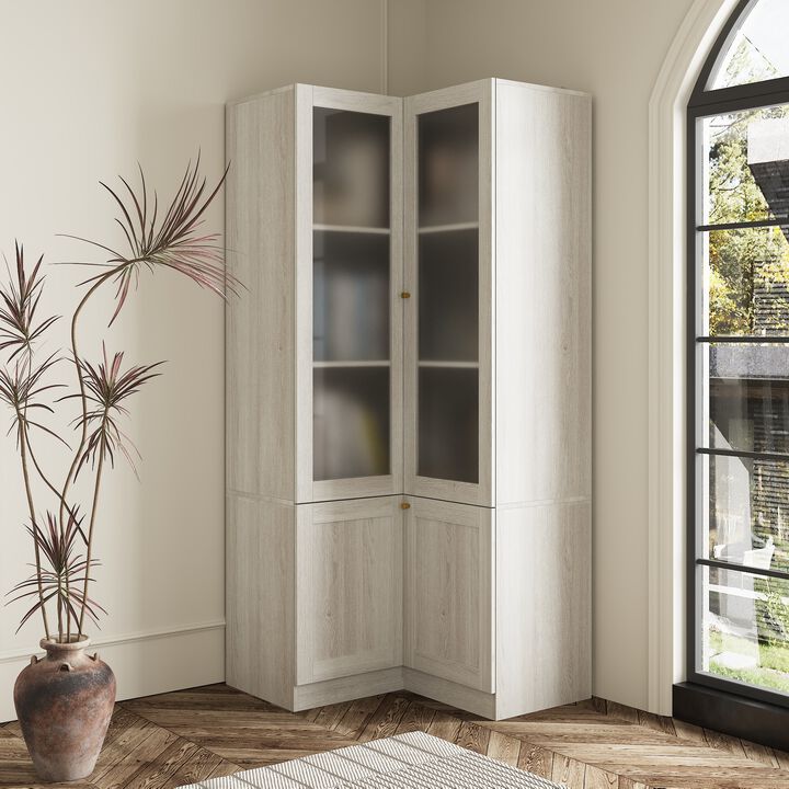 FUFU&GAGA Modern Wood Grain Corner Bookcase with Adjustable Shelves and Glass Doors (31.5" W x 70.9" H x 31.5" D), Wood Grain