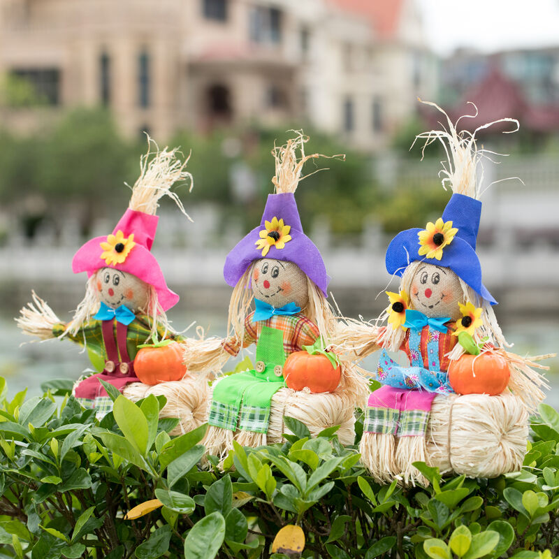 Gardenised 12 Inch Sitting on Straw and Hay Bales Multicolor Trio Scarecrows for Halloween, Fall and All Time Season Garden Decor, Scatter them Around or Gather them Together for a Mesmerizing Display