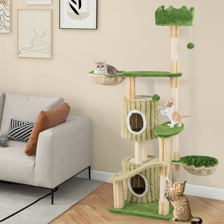 Contemporary Multi-Tier Cat Tower with 2 Hideouts & Bold Striped Style
