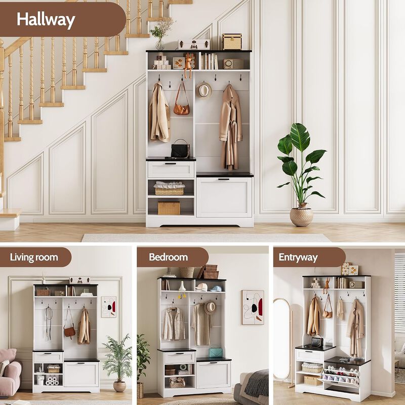 Hall Tree, 43.3" Entryway Coat Rack with Bench Shoe Storage, 6-in-1 Entryway Bench with Flip Drawer, 7 Hooks, 4 Storage Cubbies, Adjustable Shelf image number 7