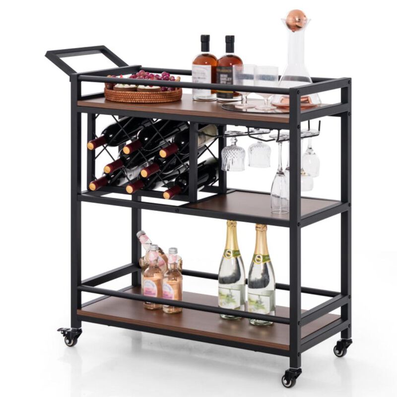 Hivvago 3-tier Bar Cart on Wheels Home Kitchen Serving Cart with Wine Rack and Glasses Holder