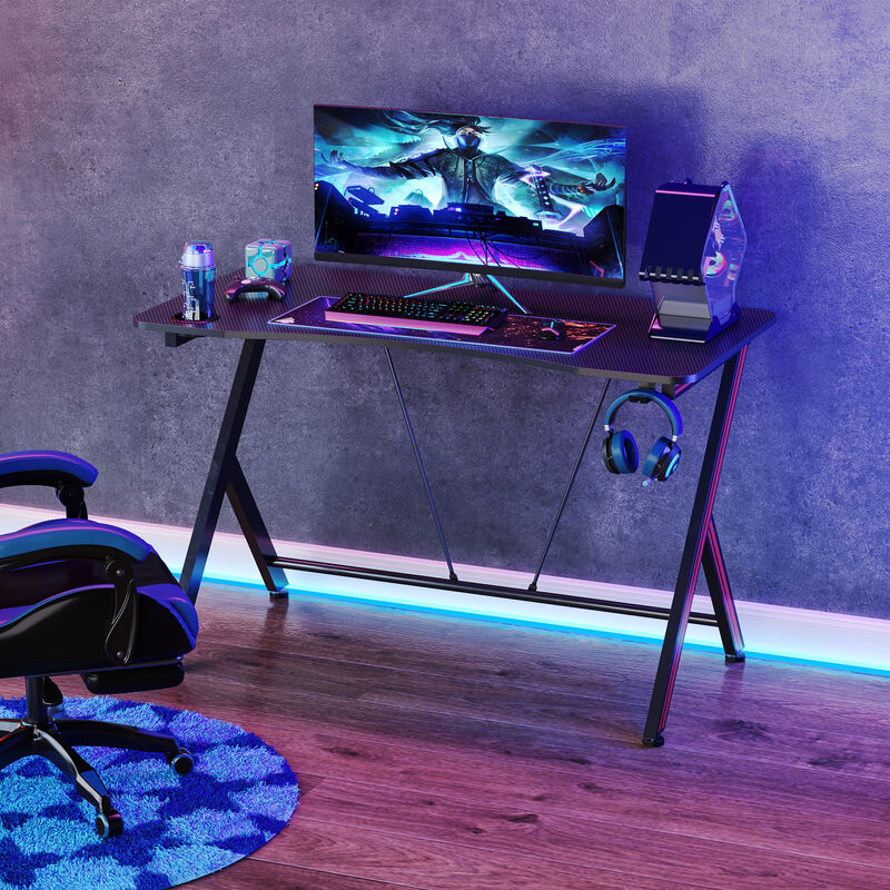 41" Gaming Computer Desk Writing Table Curved Front Headset Hook Adjustable Feet