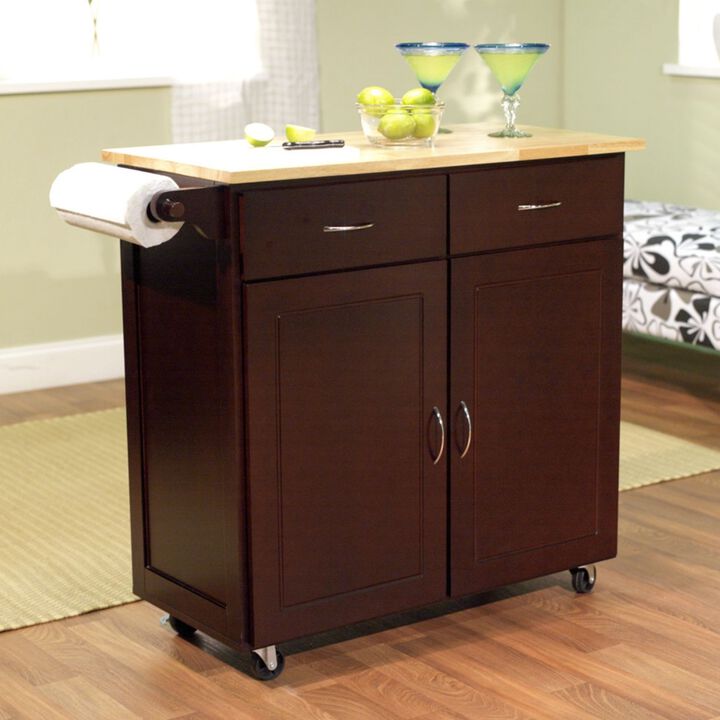 Hivvago 43-inch W Portable Kitchen Island Cart with Natural Wood Top in Espresso