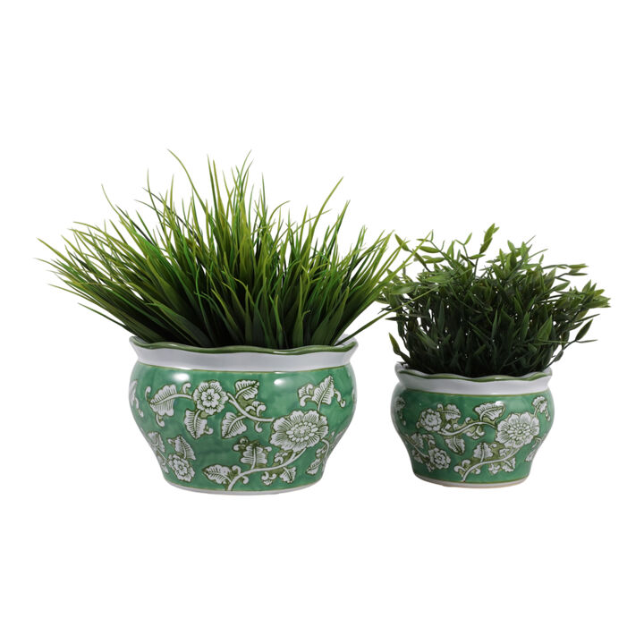 Cer, S/2 6/8" Round Chinoisere Planters, Green