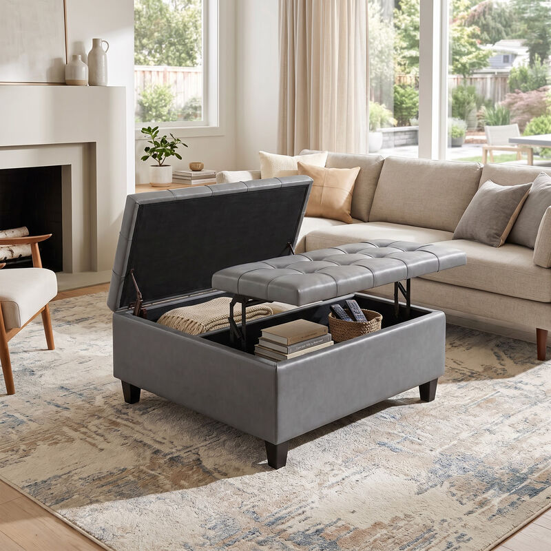 Harrison 36 inch Wide Transitional Square Coffee Table Storage Ottoman in Stone Grey Vegan Faux Leather, Assembled image number 9