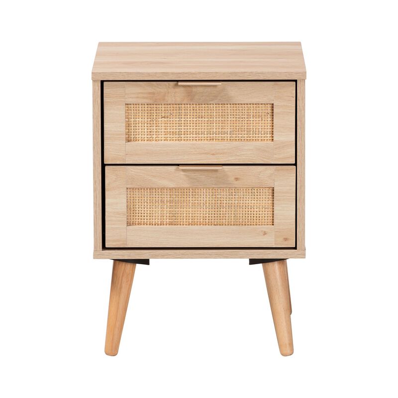 Baxton Studio Baird  Light Oak Brown Finished Wood and Rattan 2 Drawer End Table image number 3