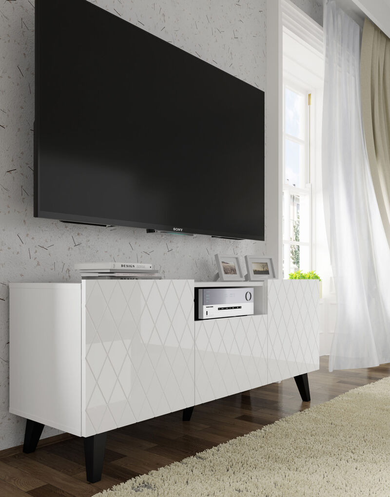 TV Stand DIUNA 3D 57'' Lowboard Milled MDF Fronts, White High Gloss