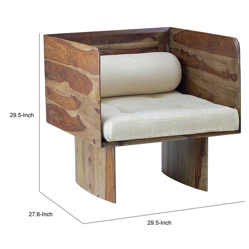 30 Inch Accent Chair, Panel-Style Legs, Tufted, Brown Wood, Beige Cotton - Benzara