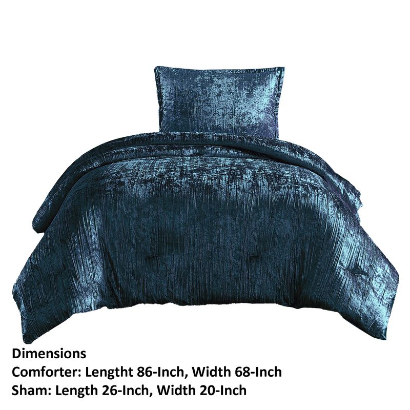 Jay 2 Piece Twin Comforter Set, Polyester Velvet, Deluxe Texture, Blue - Benzara