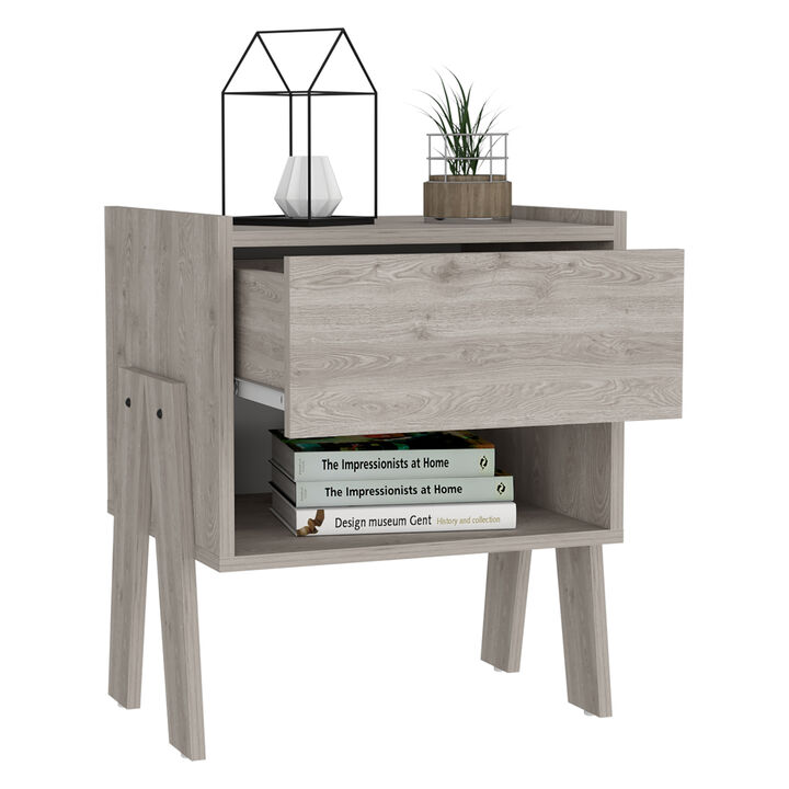 Streamdale Joy Nightstand, Four Legs, One Open Shelf, One Drawer - Light Gray