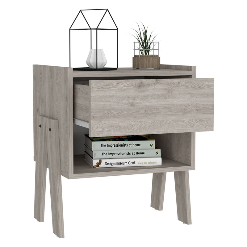 Streamdale Joy Nightstand, Four Legs, One Open Shelf, One Drawer - Light Gray