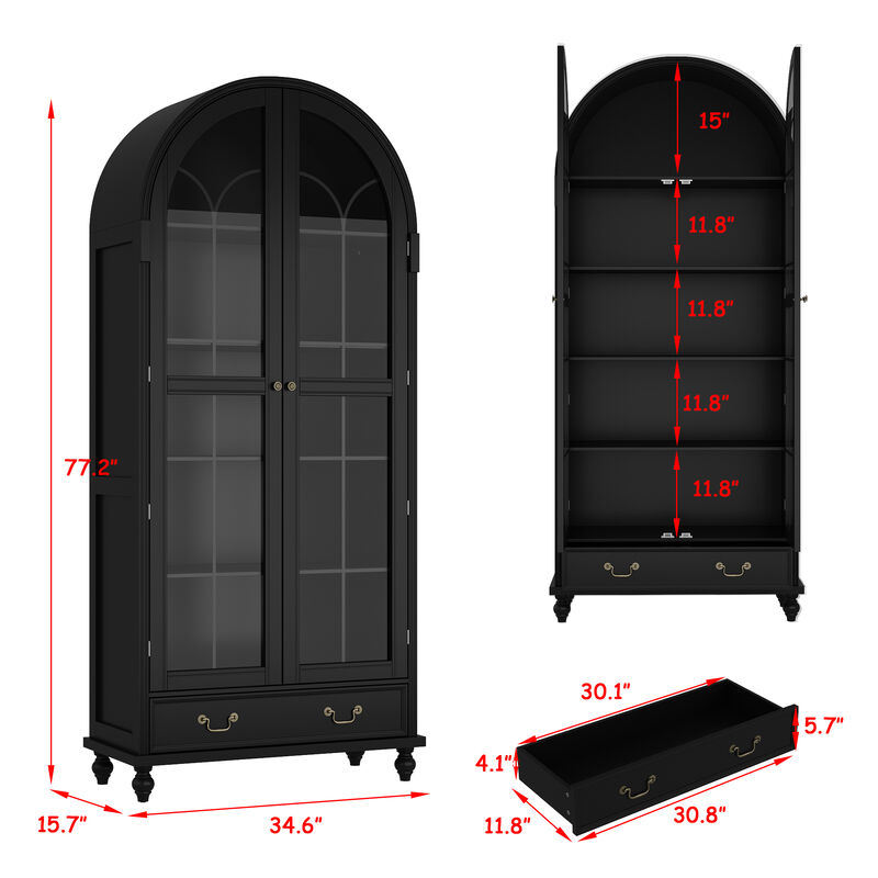 FUFU&GAGA Modern Storage Cabinet with 2 Glass Doors and 1 Drawer, Vintage Handles, Solid Painted Wood Legs, Tall Base Design (34.6 in. W x 15.7 in. D x 77.2 in. H), Black