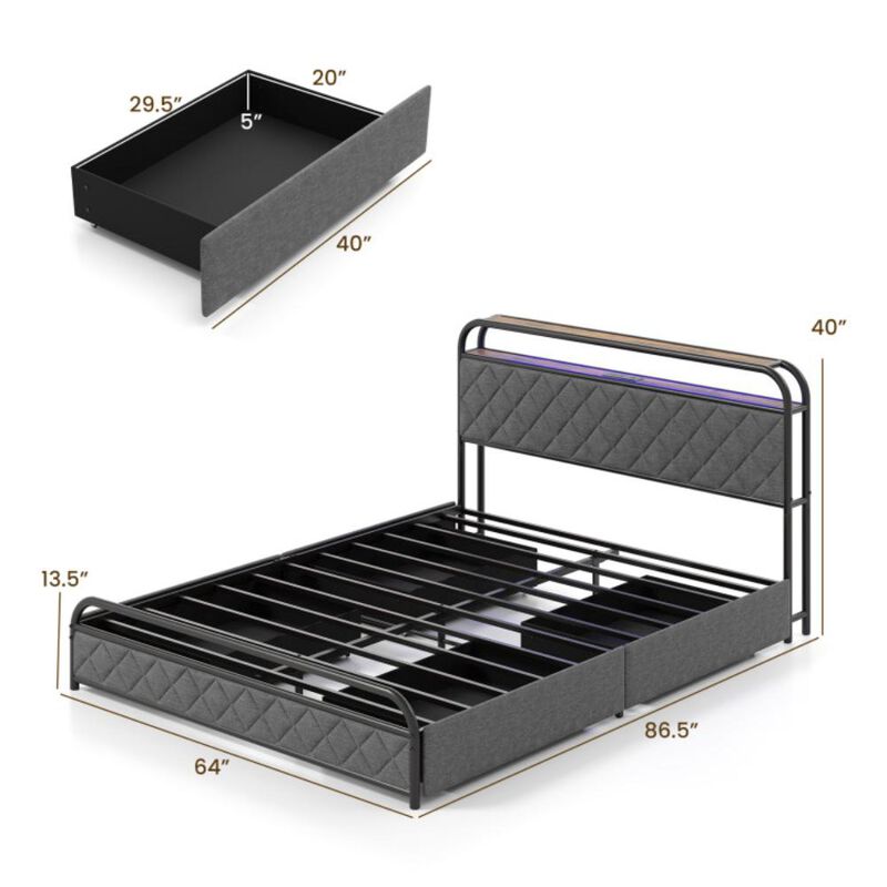 Hivvago Bed Frame with LED Lights and Charging Station-Queen Size