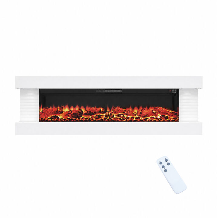 Mondawe Stylish Electric Fireplace Integrated 3-Sided Fireplace with 60" Suspended Light Mantel with Remote Control, White