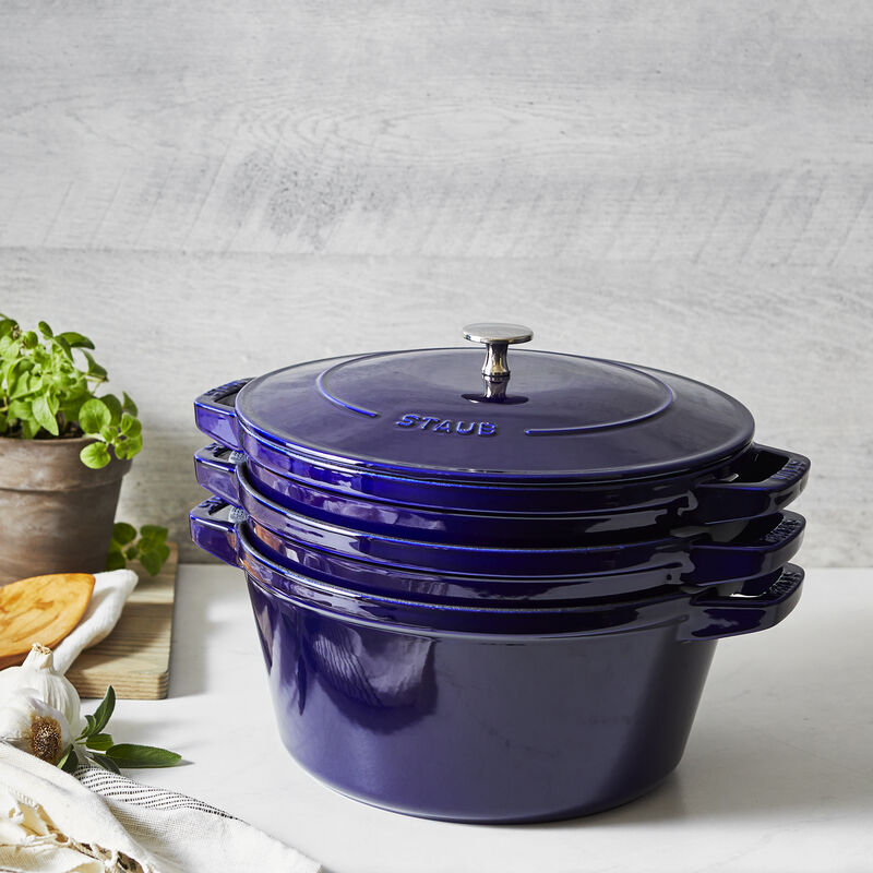 STAUB Cast Iron Set 4-pc, Stackable Space-Saving Cookware Set, Dutch Oven with Universal Lid, Made in France, Dark Blue