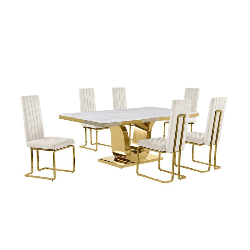 7pc Large(76") marble top dining set with gold base and 6 Cream side chairs