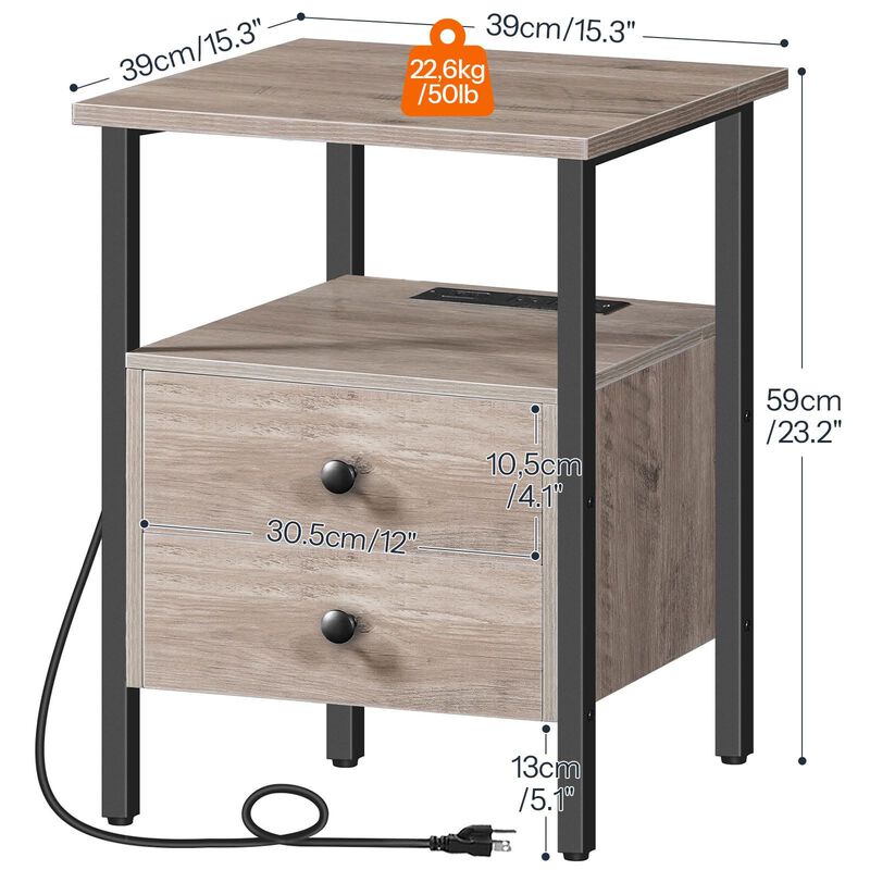 2-Drawer Nightstand with USB Charging Ports and End Table Storage- Greige image number 2
