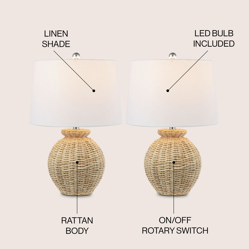 Nora 22" Rustic Coastal Rattan Globe LED Table Lamps, Brown (Set of 2)