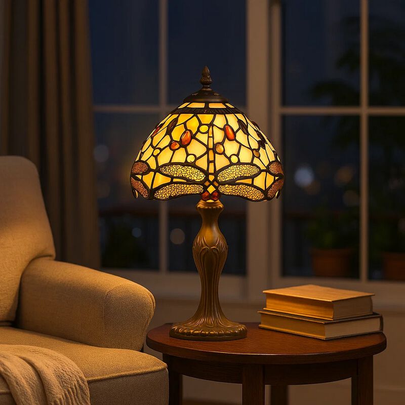 Metal Body Tiffany Table Lamp with Dragonfly Design Shade, Multicolor image number 1