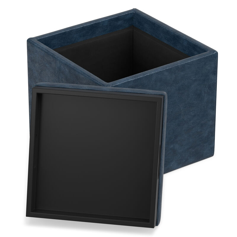 Rockwood 17 inch Wide Contemporary Square Cube Storage Ottoman with Tray in Denim Blue Vegan Faux Leather, Assembled image number 3