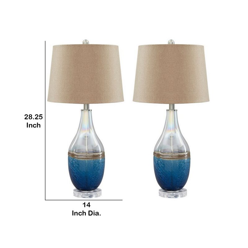 Vase Shape Frame Table Lamp with Fabric Shade, Set of 2, Beige and Blue-Benzara