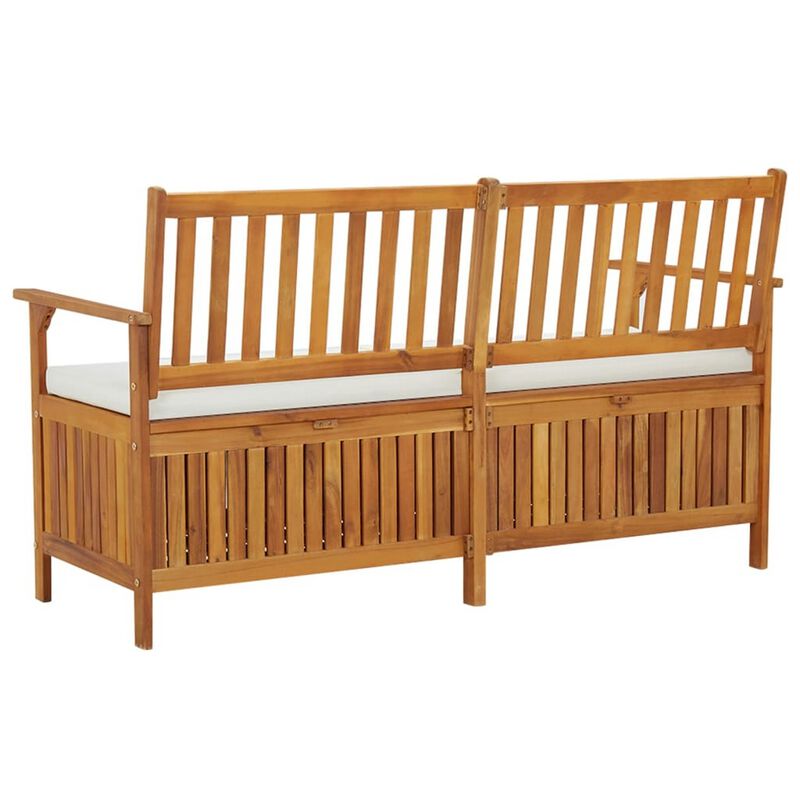 Outdoor Storage Bench, 58 Inch Brown Acacia Wood, Cream White Cushion - Benzara