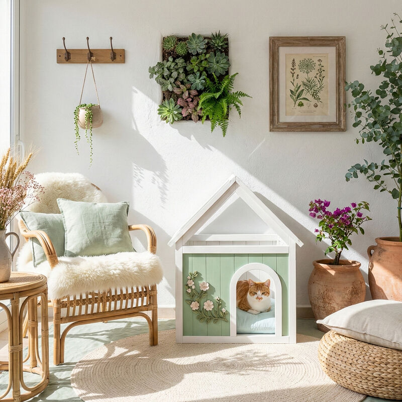 Transparent Roof Wooden Pet House with Floral Carvings Cedar Indoor Shelter for Cats & Small Dogs image number 2
