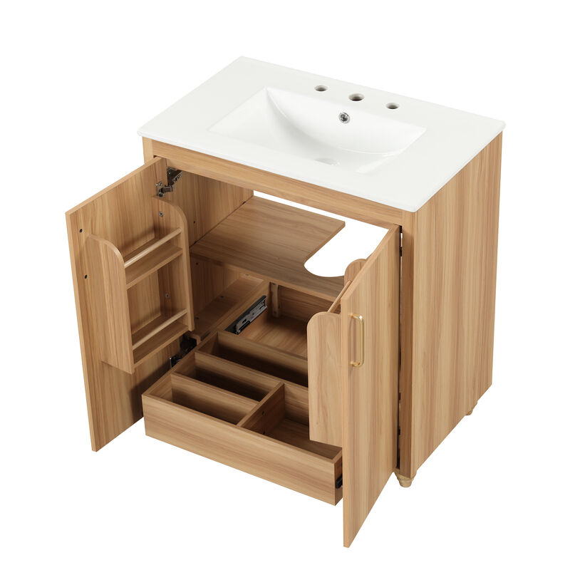 Whisen 30" Bathroom Storage Cabinet Bathroom Vanity with Ceramic Sink, Adjustable Shelf and Drawer