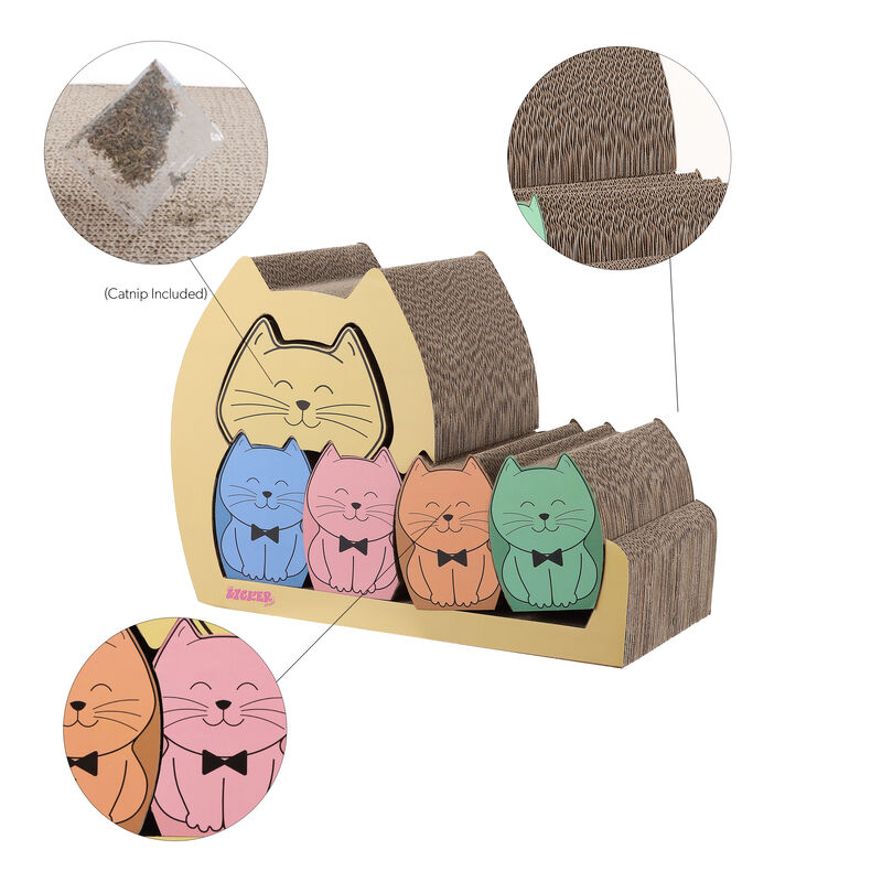 Kazoku 15.63" Modern Cardboard 5-in-1 Family Cat Cave Scratcher with Catnip and Pull-Out Design, Multi-Colored