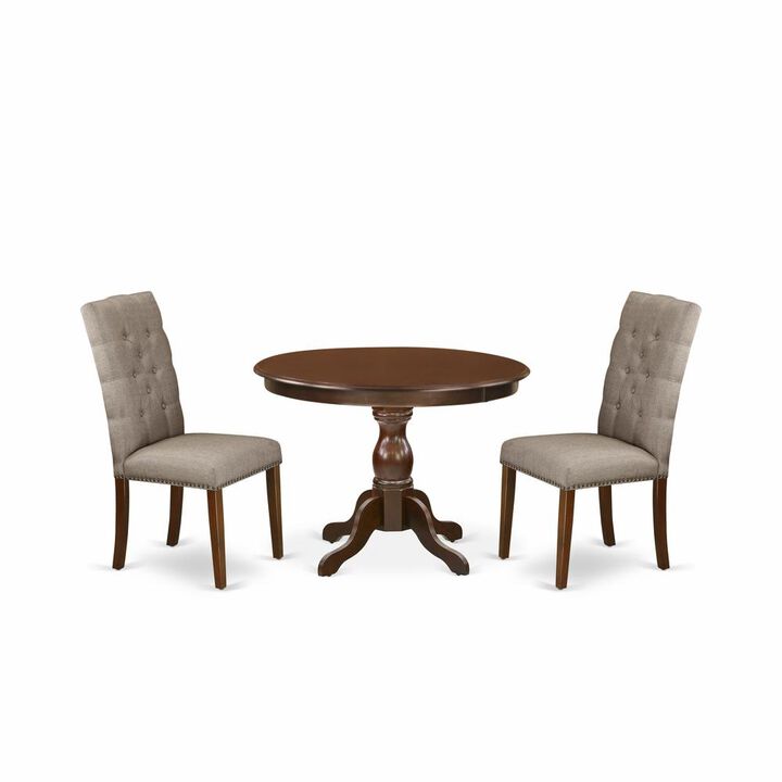 East West Furniture HBEL3-MAH-16 3 Piece Dining Room Table Set - Mahogany Dining Table and 2 Dark Khaki Linen Fabric Chairs for Dining Room Button Tufted Back with Nail Heads - Mahogany Finish