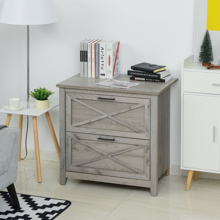 Grey Retro 2-Drawer File Cabinet: Wooden lateral file chest cabinet with hanging bar for letter/legal size documents, featuring a retro style.