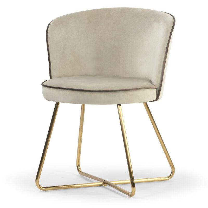 Glamour Home Set of 2 Beige Velvet Dining Chair Contrasting Piping and Golden Metal Legs