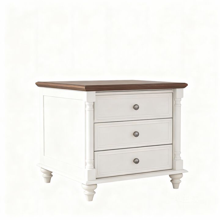 24" Farmhouse End Table w/ Charging Station, 2 Drawers, Solid Wood Feet