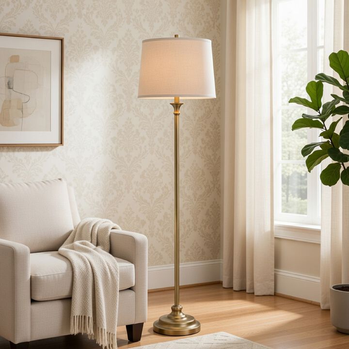 Floor Lamp with Light Gray Hardback Linen Shade, 61 Inch Antique Brass