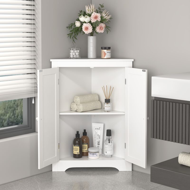 Floor Corner Cabinet with 2 Doors and Adjustable Shelves, Freestanding Narrow Cabinet Organizer, Corner Storage Cabinets for Bathroom