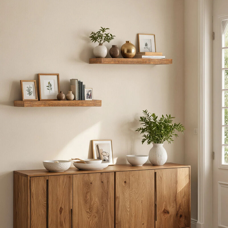 Floating Wall Shelves Set of 2, Wall-Mounted Storage for Bedroom or Living Room-Brown image number 7