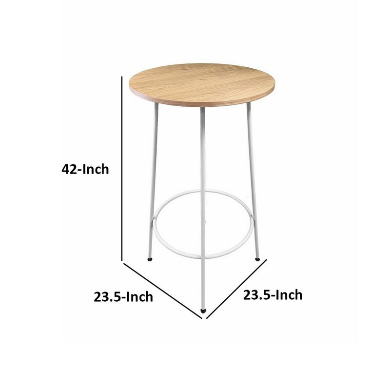 Neni 42 Inch Bar Table, Round Natural Brown Wood Top, Modern White Metal