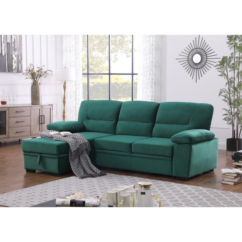 Lilola Home Kipling Green Woven Fabric Reversible Sleeper Sectional Sofa Chaise