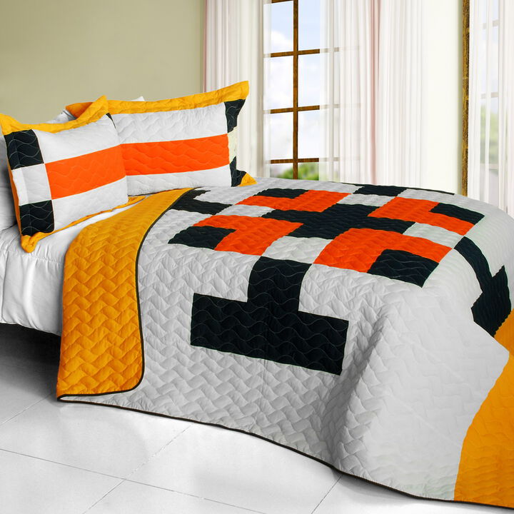Vermicelli Quilted Geometric Quilt Set Tetris C Style for Full Beds
