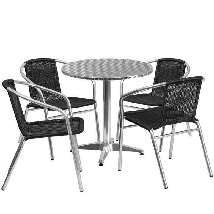 Flash Furniture 27.5'' Round Aluminum Indoor-Outdoor Table Set with 4 Black Rattan Chairs