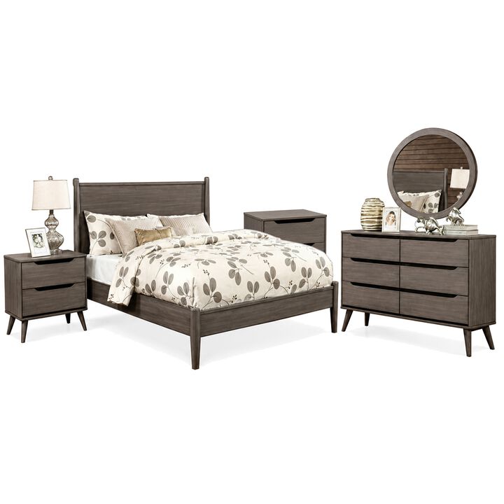 Leyla 5pc Queen Bedroom Set, 2 Nightstands, Oval Mirror, Gray Wood