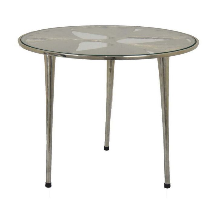 Gimi 22 Inch Accent Table, Round Top, Leaf Print, 3 Legs, Silver Metal - Benzara